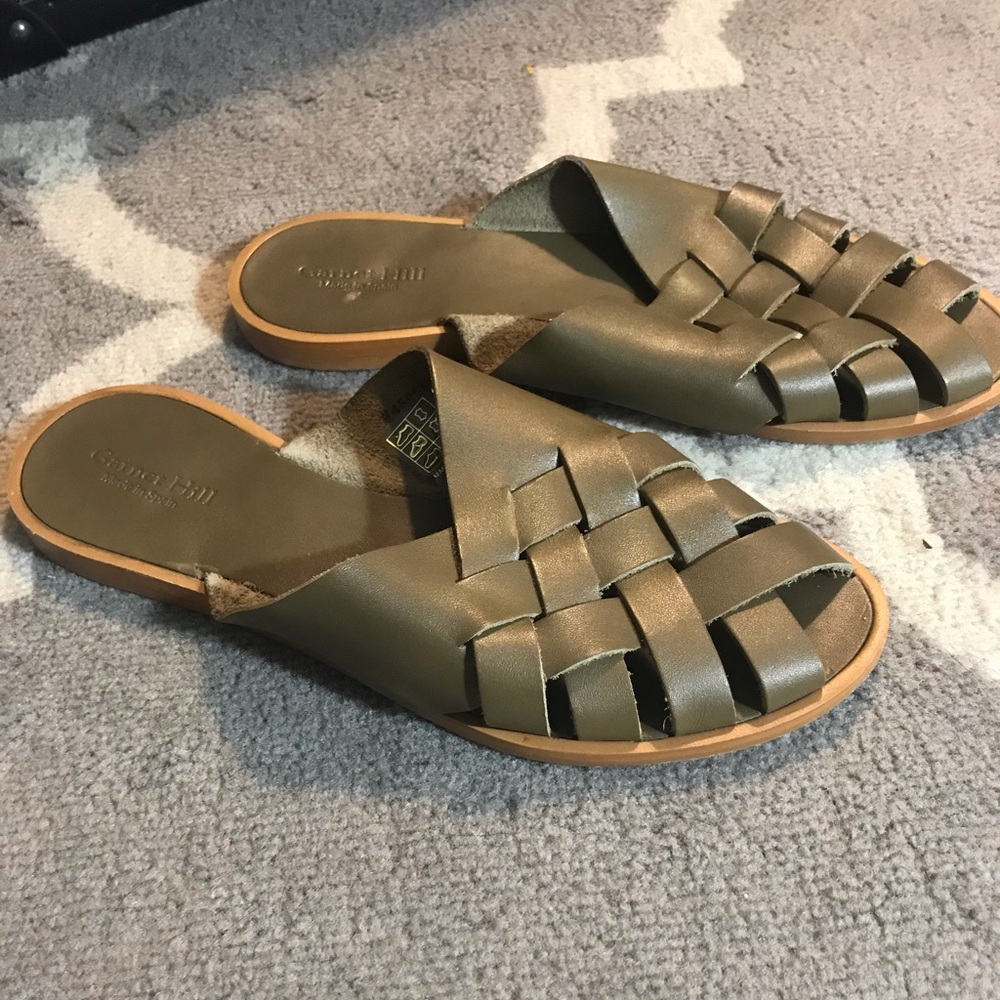 Garnet Hill taupe leather slides